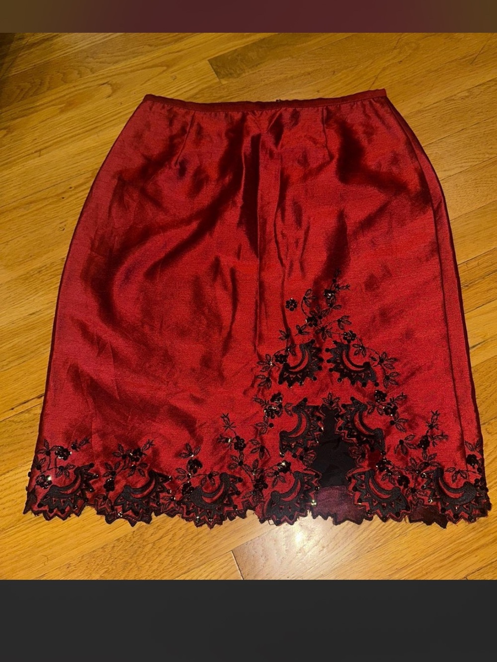 Maggy London Red Satin Mini Skirt with Black Lace Embroidery